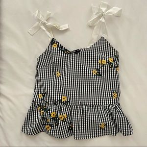Gingham yellow floral peplum tank top with self tie straps